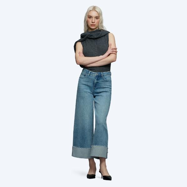 High Waisted Wide Leg Jeans for Women, Vintage Washed Denim with Cuffed Raw Hem, Casual Loose Streetwear