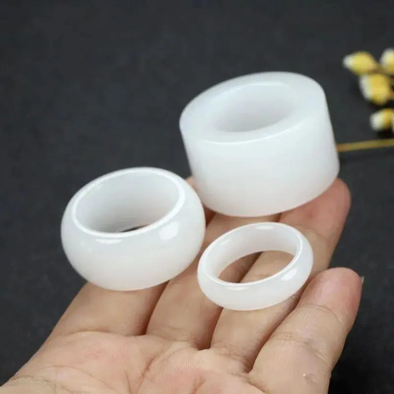 Natural White Jade Thumb Ring Men Women Healing Gemstone Fine Jewelry Genuine Nephrite Hetian Jade Wide Bands Black Stone Rings