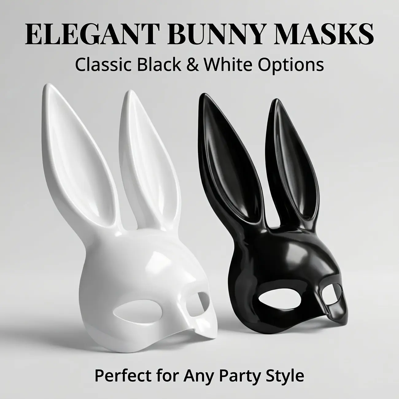 2Pcs 3D Long Ear Bunny Half Face Mask Animal Mask Shiny Black White Hard Non Fading Adjustable Strap Cosplay Costume Prop For Students Halloween Party Club Bar Valentine Day Photoshoot Annual Gathering Dress Up Lovers