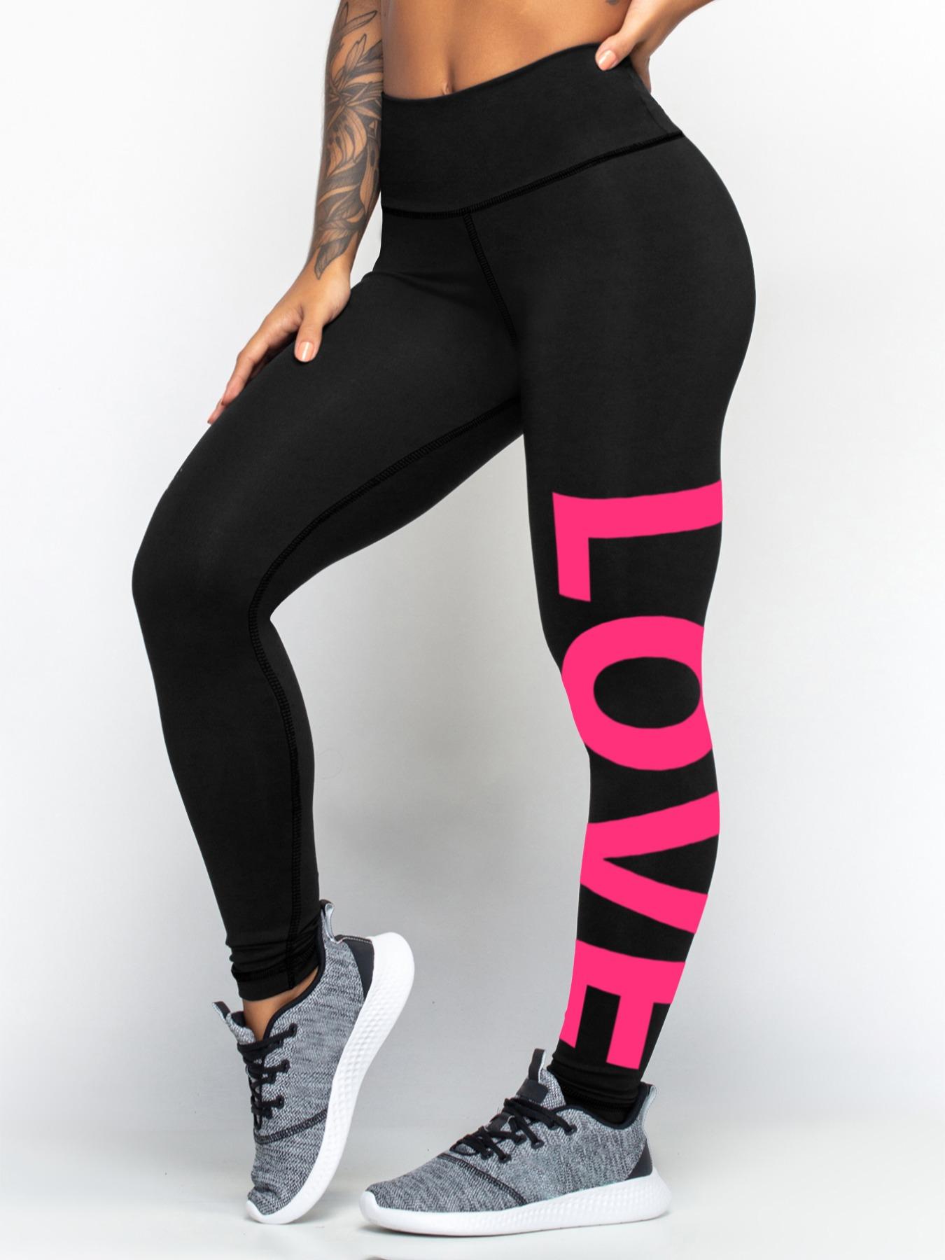 Women's Letter "LOVE" Print High Waist Sports Leggings, Sporty Comfy Skinny Pants, Summer Outfits 2024, Gym Clothes, Gym Fitness Leggings, Stretchy Workout Leggings, Ladies Sportswear, Tummy Control, Skinny Yoga Bottoms, High Waisted Leggings