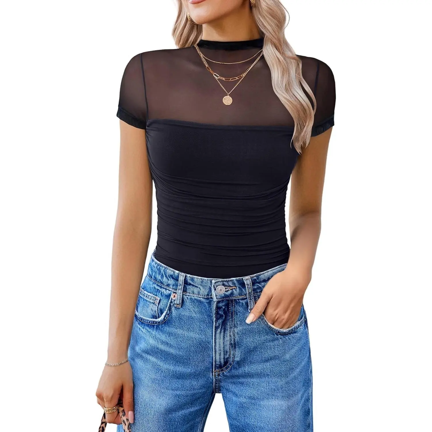 Women's Short Sleeve Bodysuit Turtle Neck Body Suits Mesh One Piece Leotard Going Out Tops Date OutfitsGift