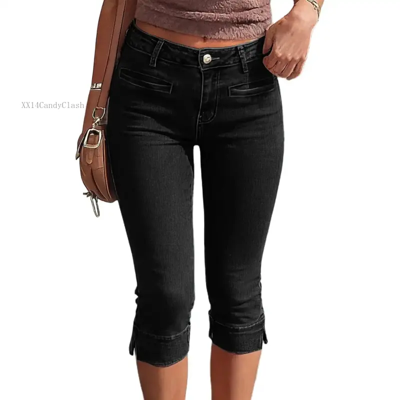 Women's Low Rise Capri Jeans, Skinny Fit Stretch Denim Bottoms with a Side Split Hem for Casual Wear, Capri Length, Pockets, BasicXX14CandyClash