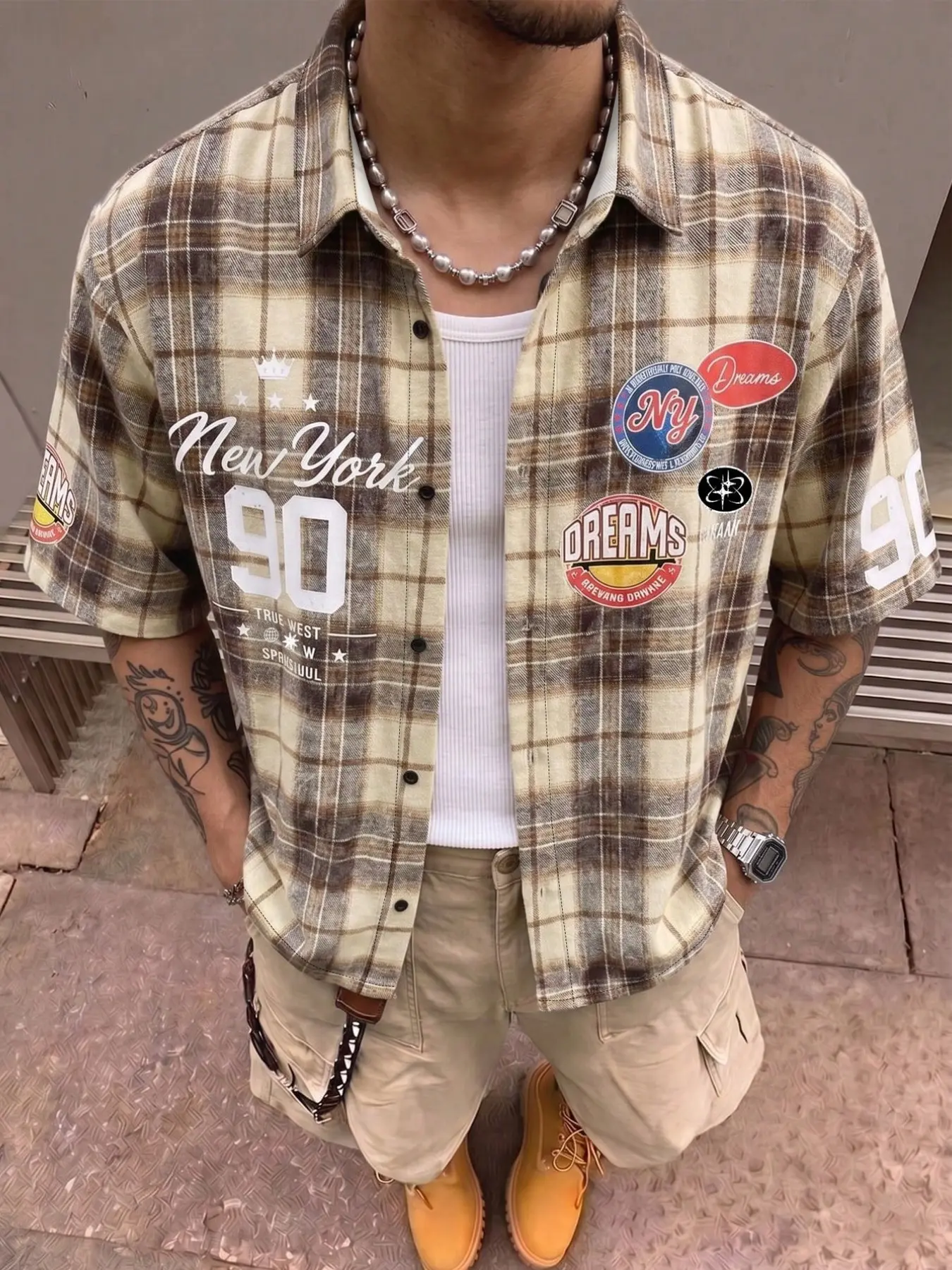 Vintage Plaid, Checked Short-Sleeve Shirt, Y2K & 90s Street Style, Beige-Brown Plaid with Seamed New York Dream Badge Prints, "New York90" Letter Print on Chest + Number Prints on Sleeves, Full-Button Lapel, Oversized Loose Fit, Casual, Breathable Casu