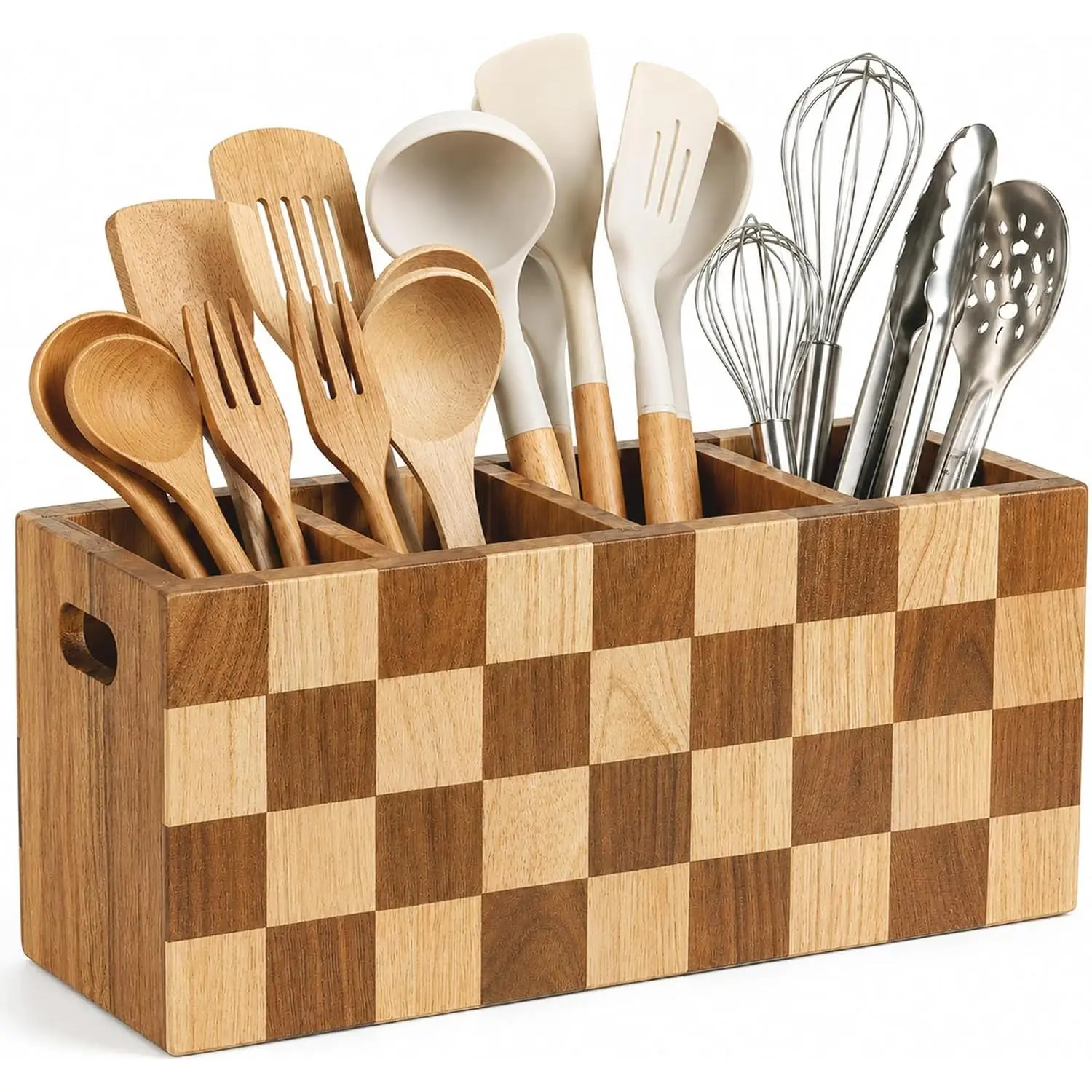 Kitchen Utensil Holder, 3 Compartment Large Wooden Utensil Organizer | Checkered  Utensil Holder Countertop, Spoon Spatula Silverware Utensil , Removable Divider, Kitchen Counter Decor