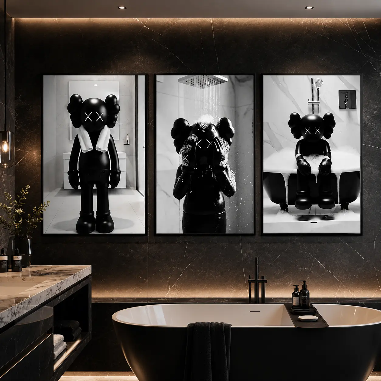 Black Cartoon Figure Bathroom Canvas Poster, Funny Shower Wall Art Print, Hypebeast Street Style Artwork, Modern Washroom Decor for Bathroom Bedroom Home, Trendy Aesthetic Graphic Poster, Unique Gift Idea