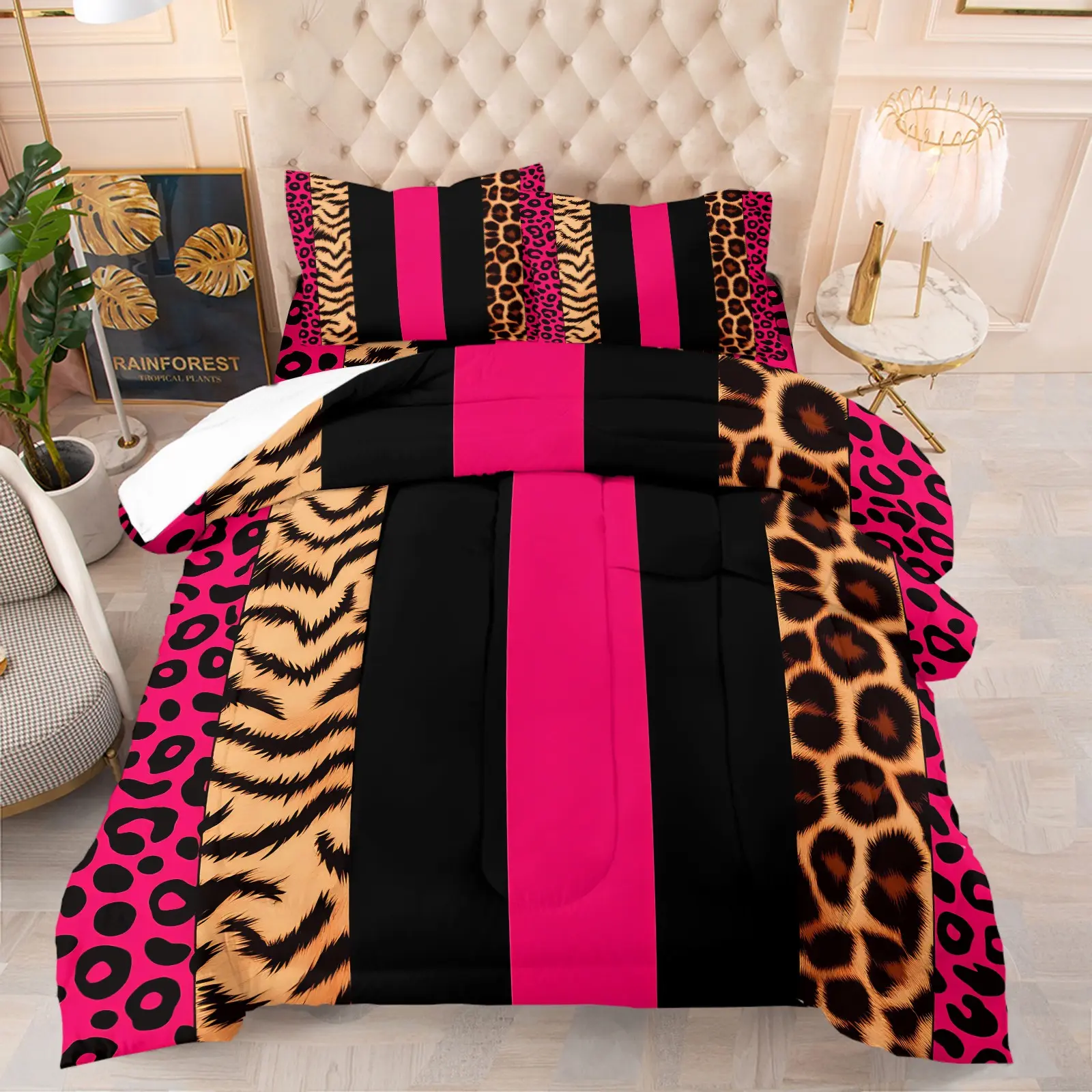 Pink Black Stripe Leopard Tiger Patchwork Print Comforter Set, 1 Comforter + 1-2 Pillowcases, Durable Soft Comfy Washable Bed Set, High Definition Digital Print, Trendy Wild Animal Skin Fashion Style, Women Teen Girls Bedroom Bedding