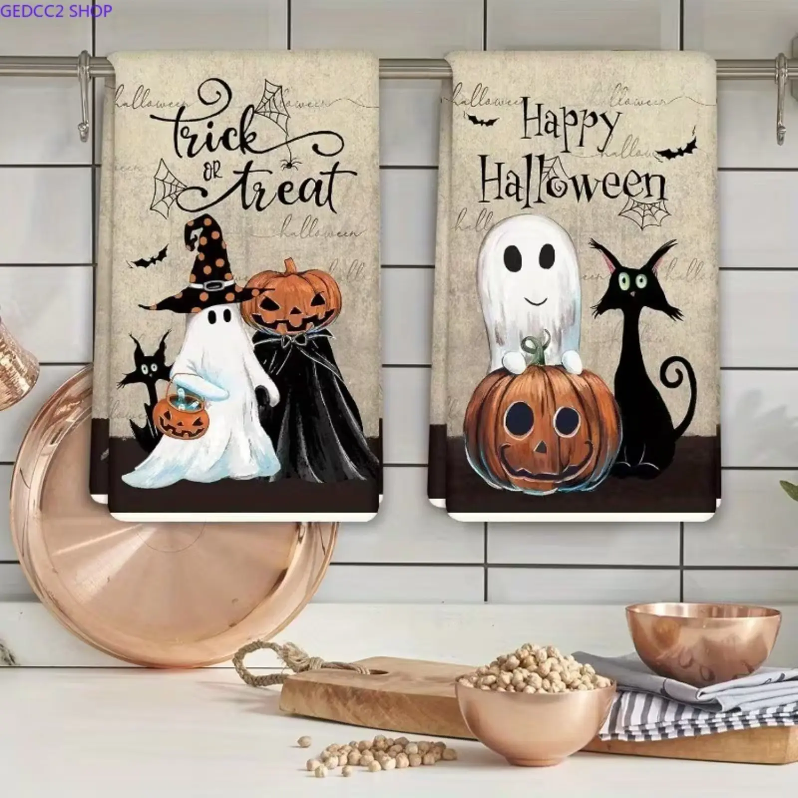 Halloween Cat Kitchen Towels Set, Cute Spooky Cat Printed Microfiber Hand Towels, 2 Piece Fall Home Decor for Kitchen and Bathroom