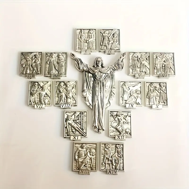 15-Piece Religious Wall Decor Zinc Alloy DIY Home Decoration, Easter & Christmas Ornaments, Stick-On Frame or Tabletop Display