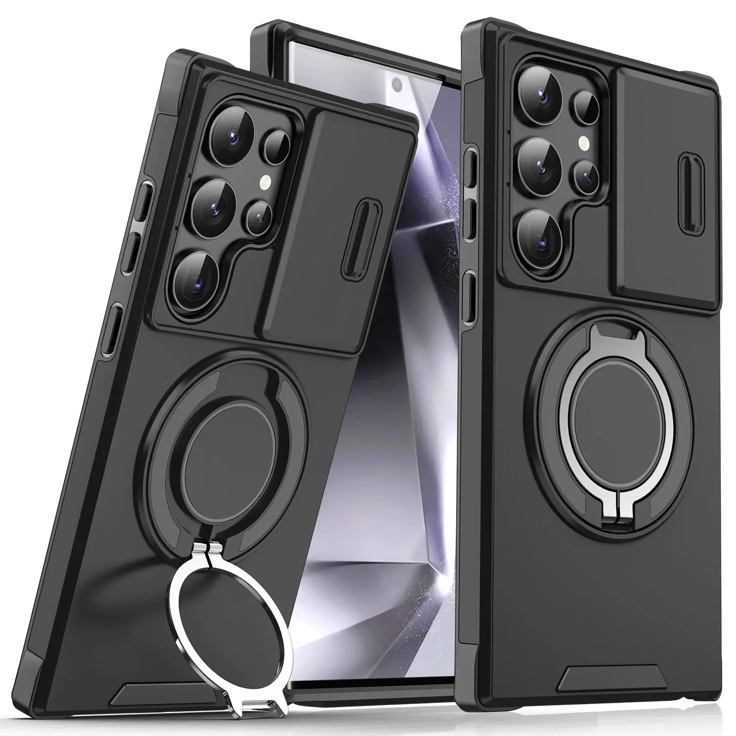 (Case & Nova) Heavy Duty Protection Polycarbonate Smartphone Case for Samsung Galaxy S26 Ultra, S25, S24, S23 Series - Rotatable Protective Cover with Sliding Cover, 360° Rotating Ring Kickstand, Dual Layer Shockproof Magnetic Mobile Phone Accessory