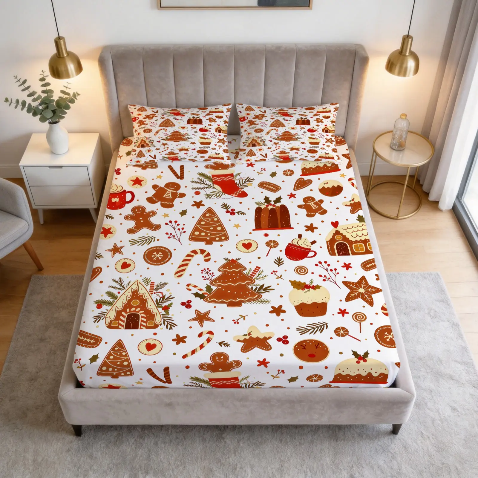 Christmas Pattern Fitted Sheet, Non-Slip Dustproof Soft Bedding for Bedroom & Dorm, Housewarming & Christmas Gift, 1 Fitted Sheet + 2 Pillowcases (Pillow Inserts Not Included)