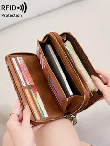 Women's Retro Double Zipper Large Capacity Wallet, RFID Anti-Theft, Zipper Closure, Multiple Card Slots, Cash Pocket, Coin Pocket, Credit Card Organizer, Multifunctional Women's Handbag That Can Hold Mobile Phones, Birthday Gift, Valentine's Day Gift