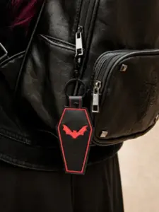 Bat Coffin Embroidered Faux Leather Keychain, Casual Style, All over Print, No Choking Hazard Warning, Ca_prop_65 Compliance
