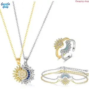 3pcs Sun Moon Matching Jewelry Set for Couples Adjustable Matching Sun and Moon Magnetic Necklace Magnetic Bracelet Ring Set Couple Jewelry Gifts for Him and Her, Party, Love & Back to School