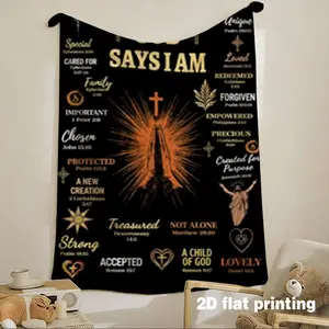 Inspirational Christian 2D Digital Print Throw Blanket, "GOD SAYS I AM" Bible Verse Affirmation Design with Prayer Hands & Cross Motifs, Multiple Specifications Available, Soft Warm Lap Blanket for Office Break Rest, Home Sofa & Bedroom Cozy Use