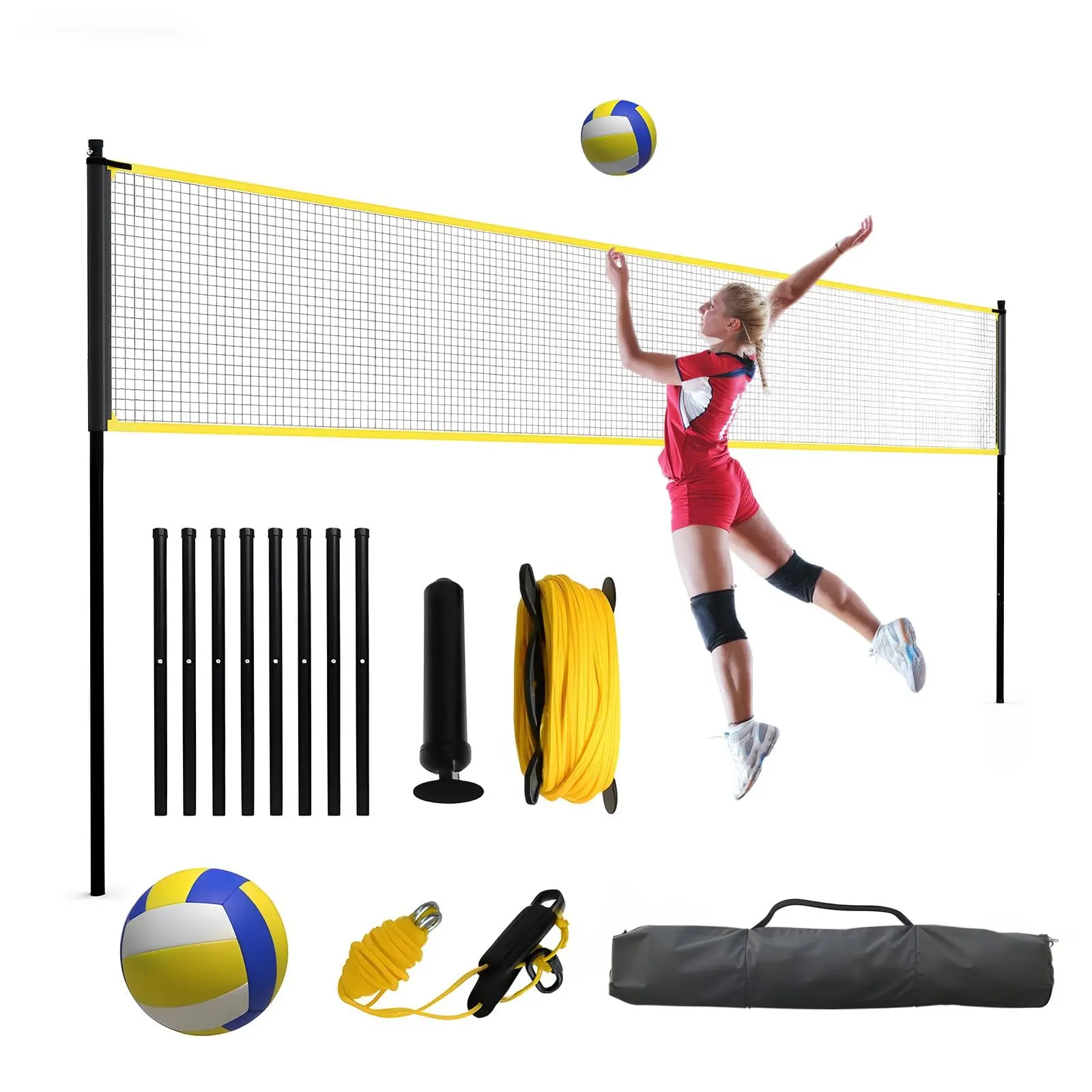 Freestanding Volleyball Net Set – 32FT Adjustable Height (7.4'-8'), Portable Training Equipment with Volleyball, Pump, Ground Stakes & Carry Bag, Ideal for Backyard, Beach, Outdoor & Indoor Practice for Teens, Youths & Adults-party gift