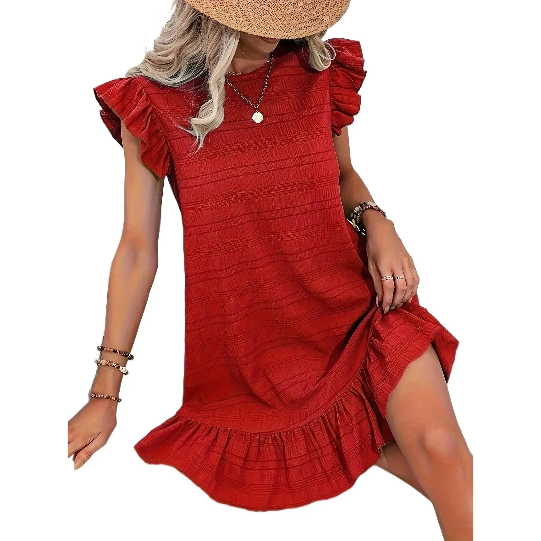 Women Solid Color Smocked Dress With Ruffle Detail Casual Elegant Off Shoulder Daily Beach Vacation Dating Outfit