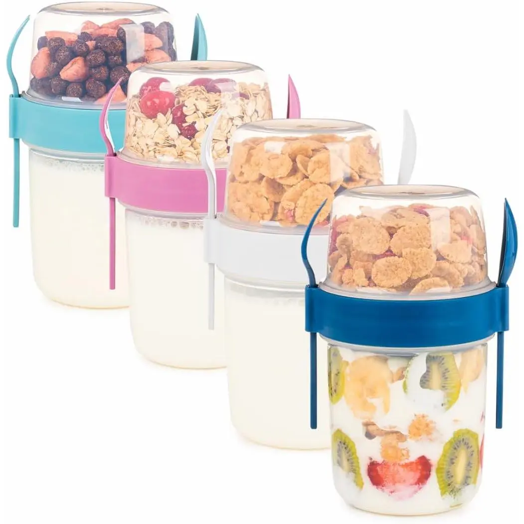 4 Pack Breakfast 22 oz On The Go Cups with Lids and Spoon, Reusable Cereal Yogurt Cup with Topping Plastic Overnight Oats Container for Granola Oatmeal (22 oz - 4 Pack)Gift.