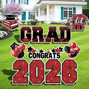 Graduation Yard Signs Class of 2026 Decorations, 11PCS Red Black Congrats Grad 2026 Lawn Sign Large Yard Decor with Stakes for Outdoor Senior High School College Garden Prom Send Off Party Supplies