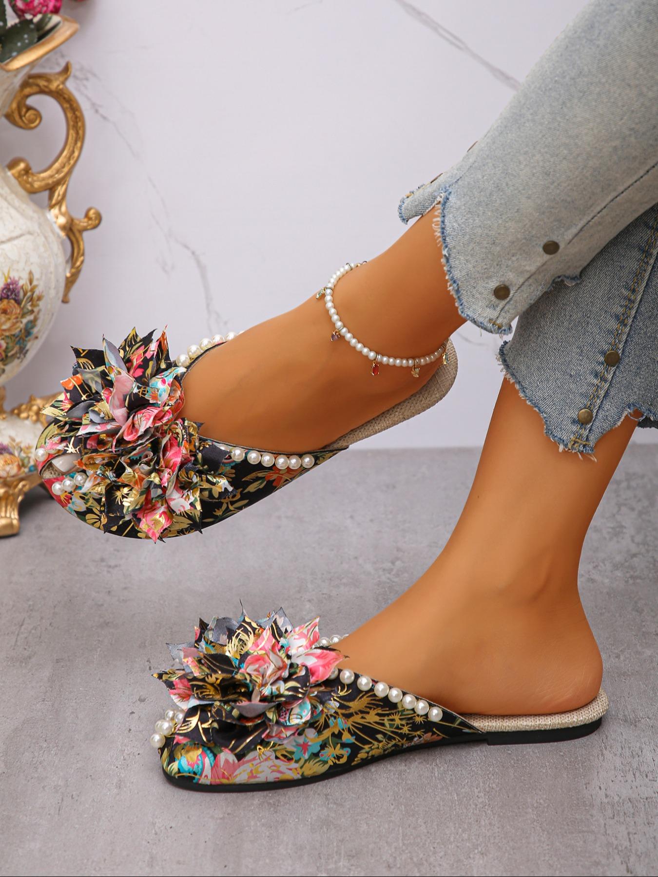 Elegant Women's Sandals with Cute Flower Decorations, Pearl Accents, Random Floral Prints, Round Toe Slip-Ons for Beach Vacation Office School
