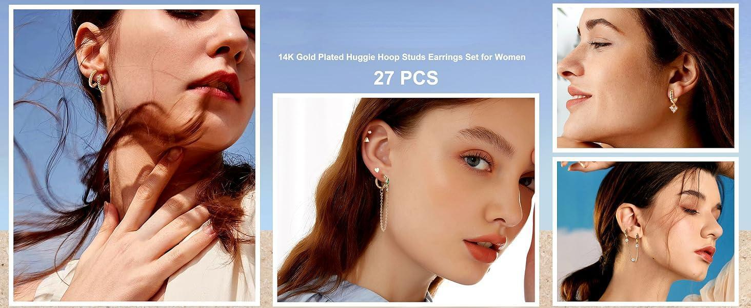 Jstyle 27PCS 14K Golden Plated Huggie Hoop Stud Earrings Set for Women | Fashion Hypoallergenic Small Dainty Dangle Chain Earrings for Multiple Piercing, Minimalist CZ Ball Mini Cartilage Stud Earrings Daily