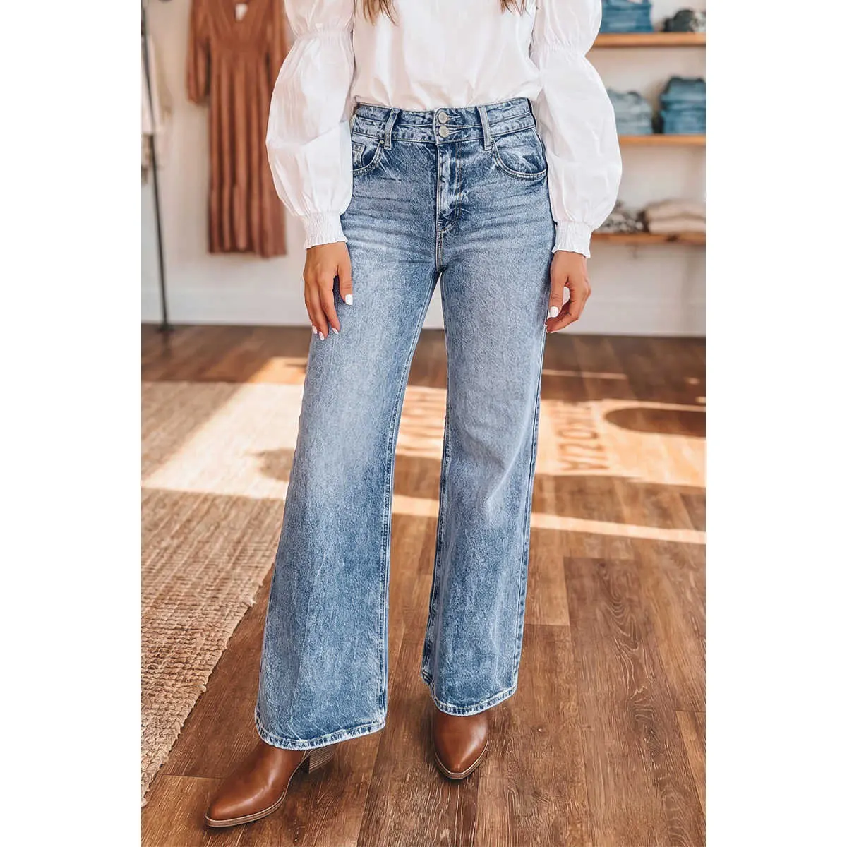 High Rise Double Button Acid Wash Flare Jeans Classic Five Pocket Vintage Retro Wide Flare Denim Pants