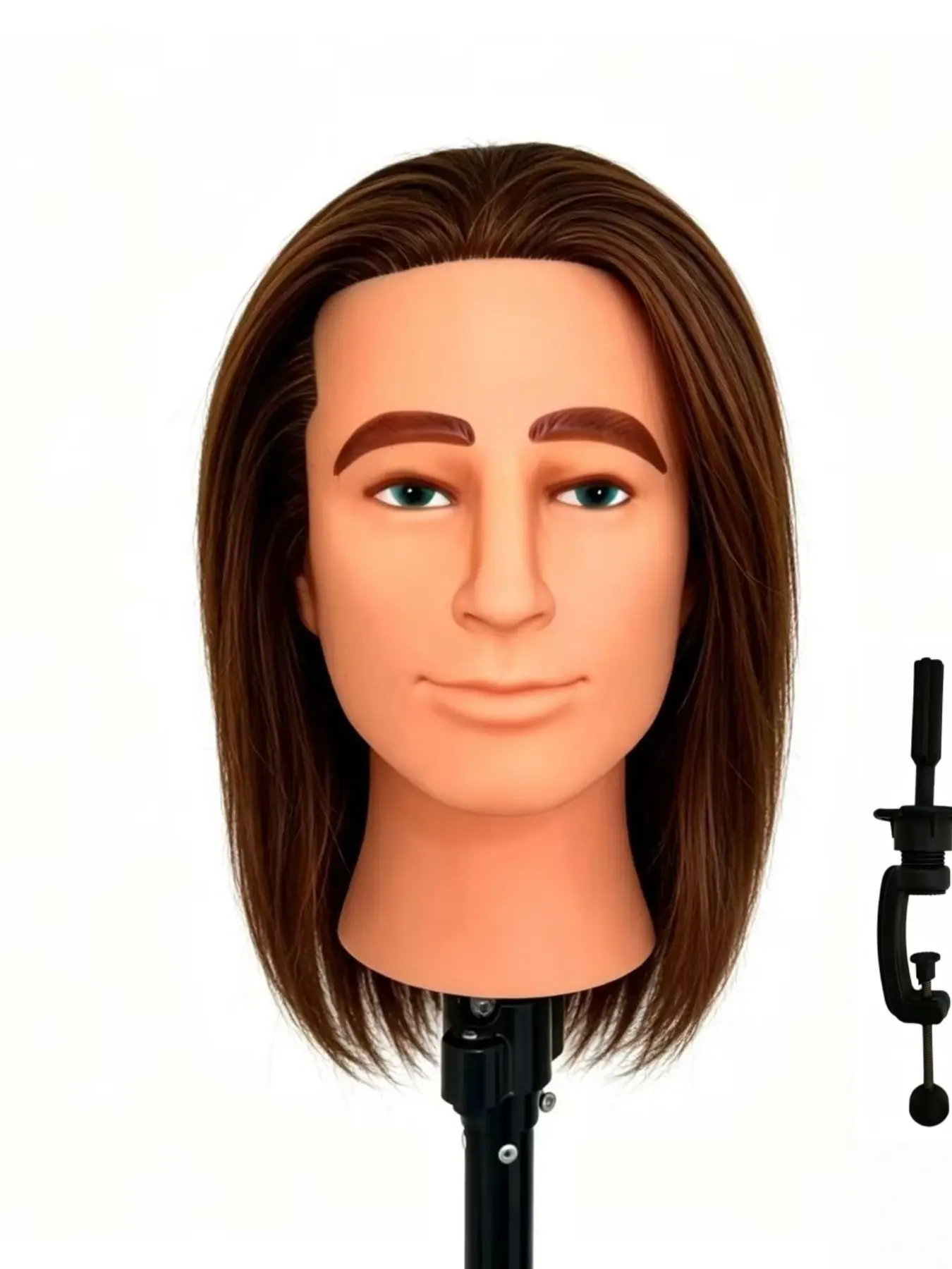 Men's 8-Inch Real Hair Barber Practice Head Model, Mannequin Head, Haircut Practice, Real Hair Material, Supports Perming, Dyeing, Blowing, Trimming, Includes Stand