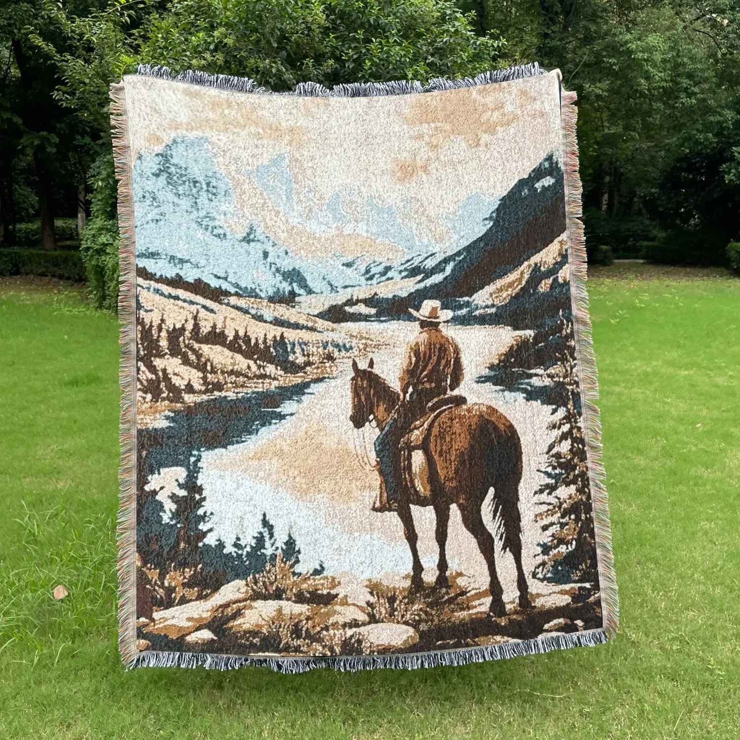 west cowboy Pattern Design Bohemian Bed Blanket - Yarn Thick Breathable with Tassels for Home Decor Sheet Living Shawl Tapestry Yoga Couch Sofa Chair Tablecloth Garden Office Travel Outdoor Camping Picnic Not Printed No Faded No Pilling