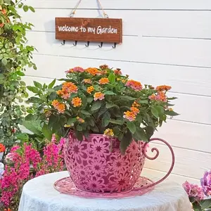 Rural Wrought Iron Coffee Cup Flower Pot With Flower Hollow Design - Lightweight Metal Indoor/Outdoor Decoration Plant Pot, Suitable For Succulents, Herbs, Balcony And Garden Decoration