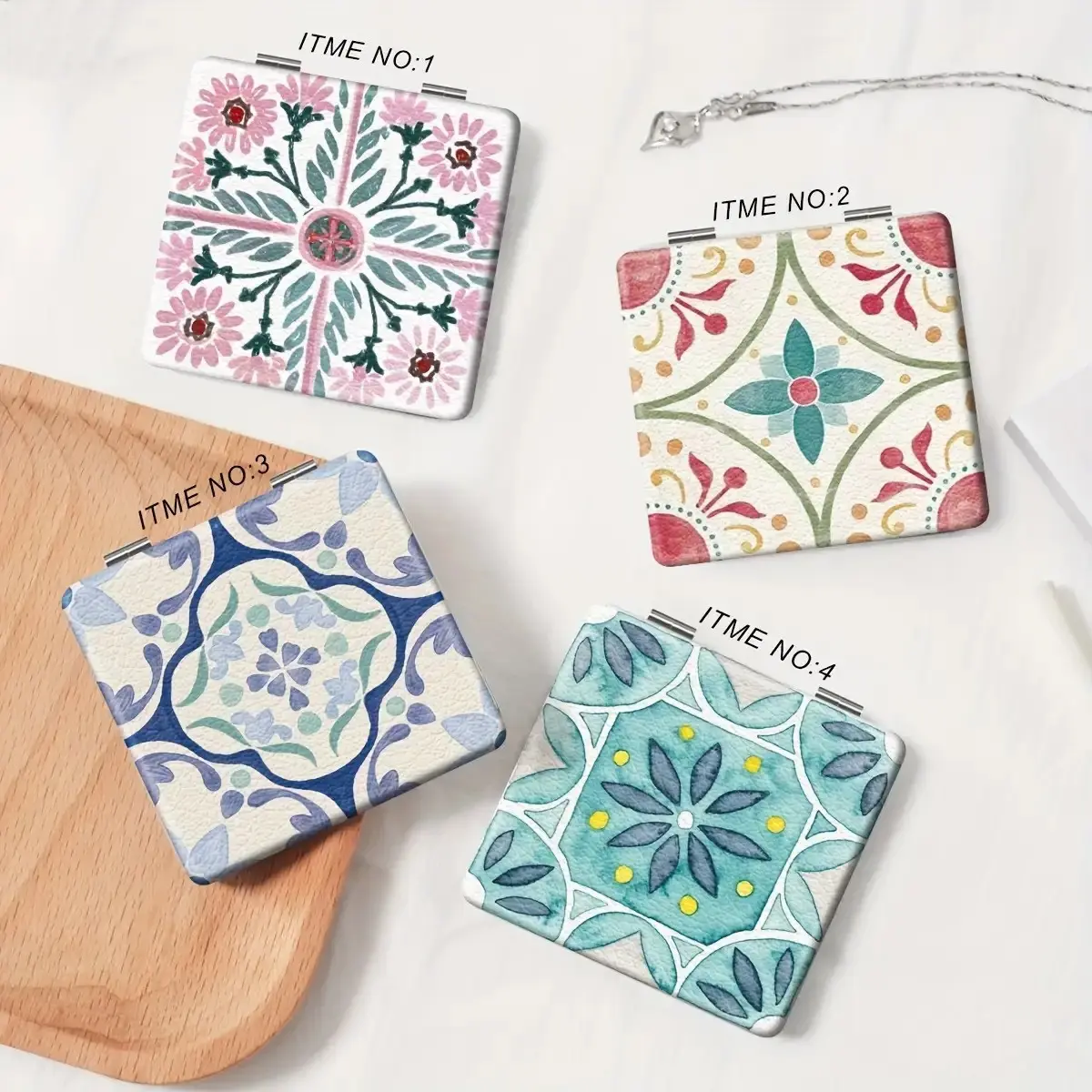 Watercolor Mediterranean Tile Floral Compact Mirror, Double Sided Foldable Pocket Makeup Mirror, Boho Geometric Flower Pattern Portable Travel Cosmetic Mirror, Gift for Women Girls