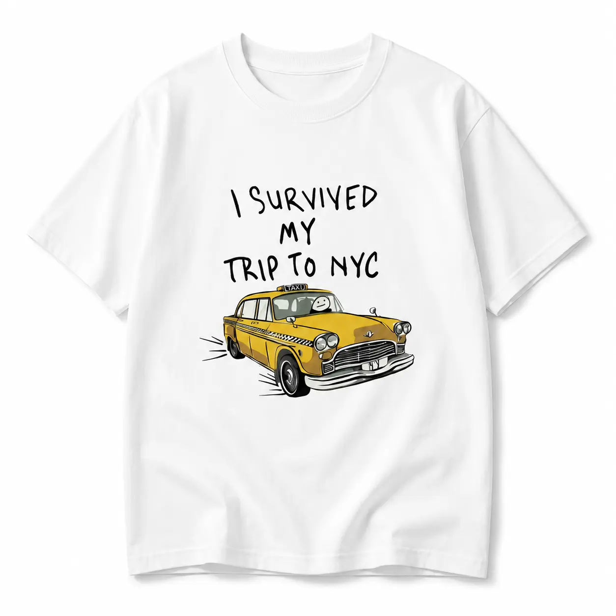 Men's Vintage Graphic Menswear T-Shirt - 'I Survived My Trip To NYC' Yellow Taxi Print, Short Sleeve, Round Neck, Casual Loose Oversized Fit, Funny Souvenir Top, Machine Washable, Check Size Chart