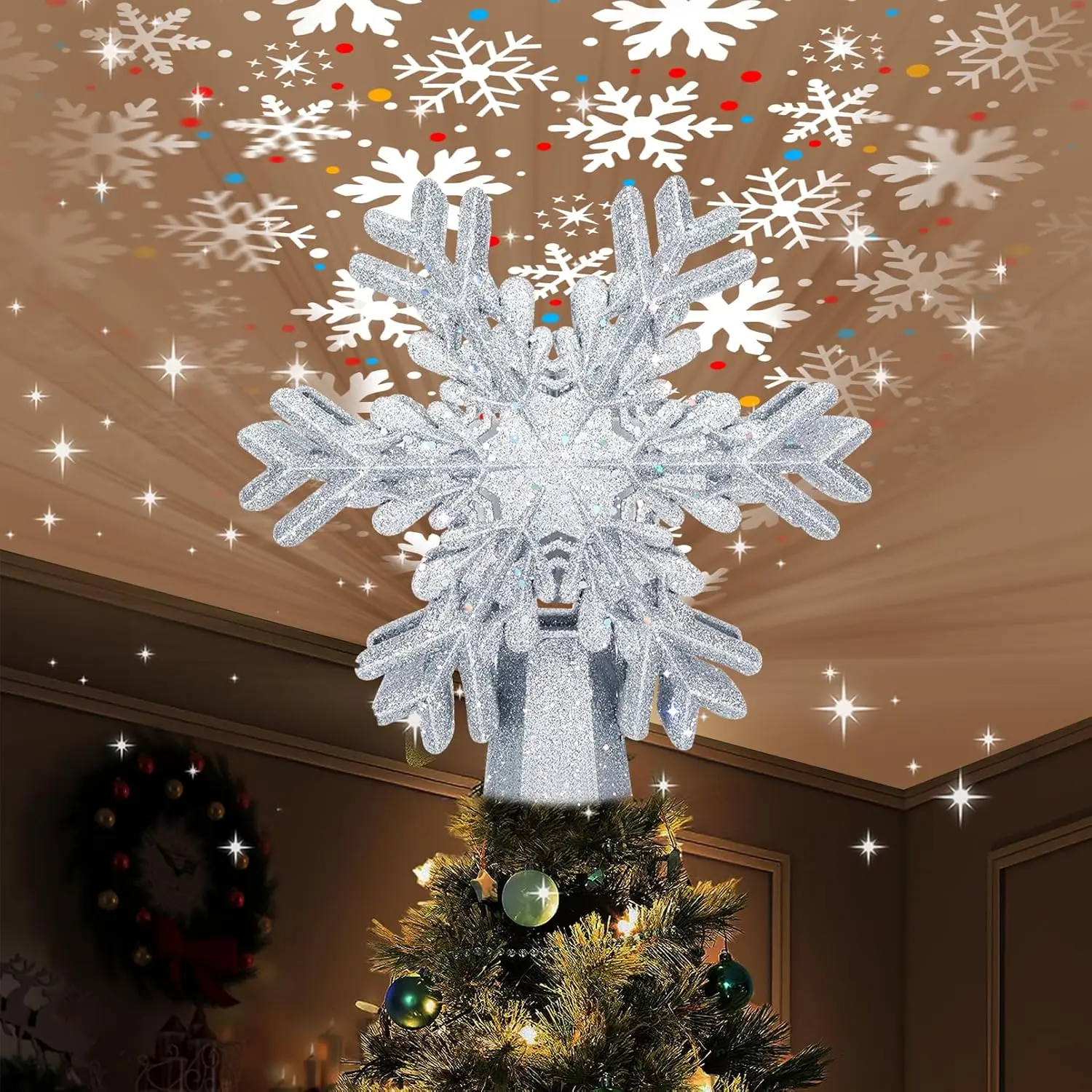Christmas Tree Topper,  Rotating  Snowflake  Projector for Xmas Tree Topper, Hollow Design Christmas Decorations, Christmas Decor