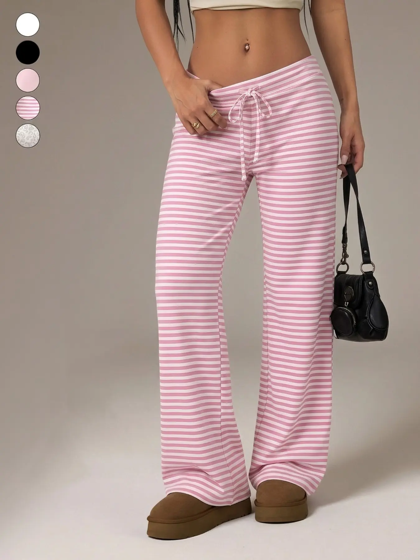 Elastic Soft Knit Striped Low Waist Drawstring Pants, Y2K Aesthetic Petite Friendly, Casual Loose Fit, Retro Trendy Flare Long Pants, Casual Lounge Pants
