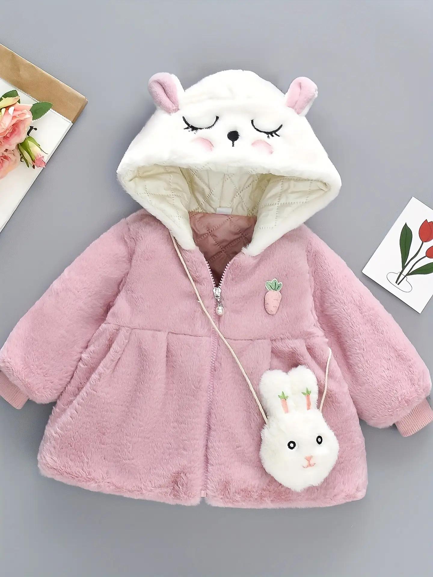 Cartoon Rabbit Girls' Autumn and Winter Warm Fleece Hooded Jacket with Long Sleeves Cute Outerwear Set Including Bag(Gift)11
