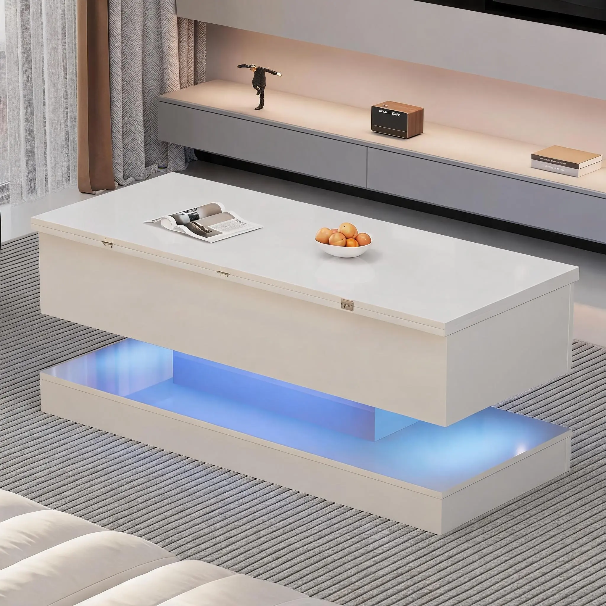 Modern High Gloss Lift Top Dining Table with Storage – Adjustable Height Convertible Coffee Table – APP-Controlled RGB LED Lighting, Sturdy Metal Frame