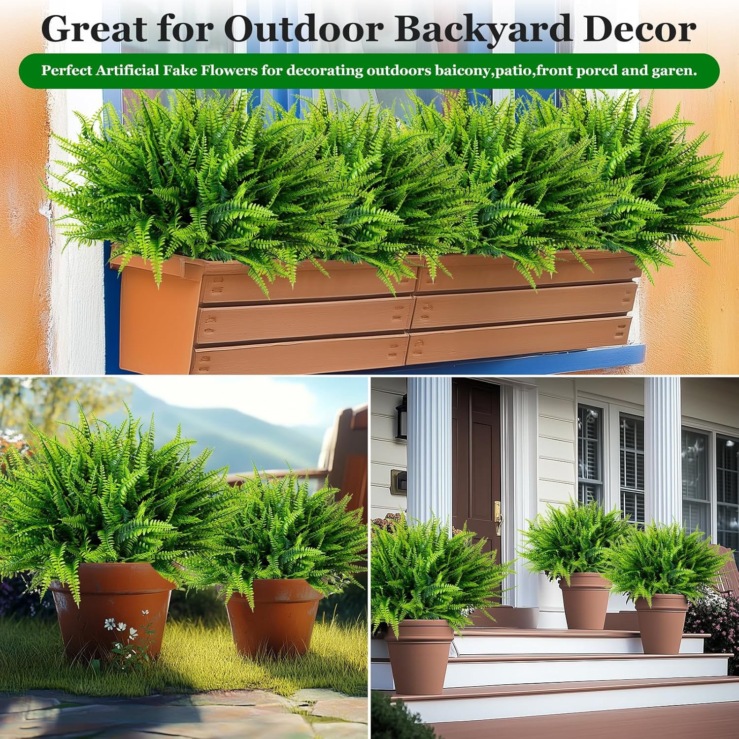 Artificial Boston Fern, 12 Bundles Fake Boston Fern Greenery, Outdoor UV Resistant No Fade Faux Plastic Artificial Hanging Plant, Decorative Garden Porch Window Box Decorations, Artificial Ferns, Artificial Plants