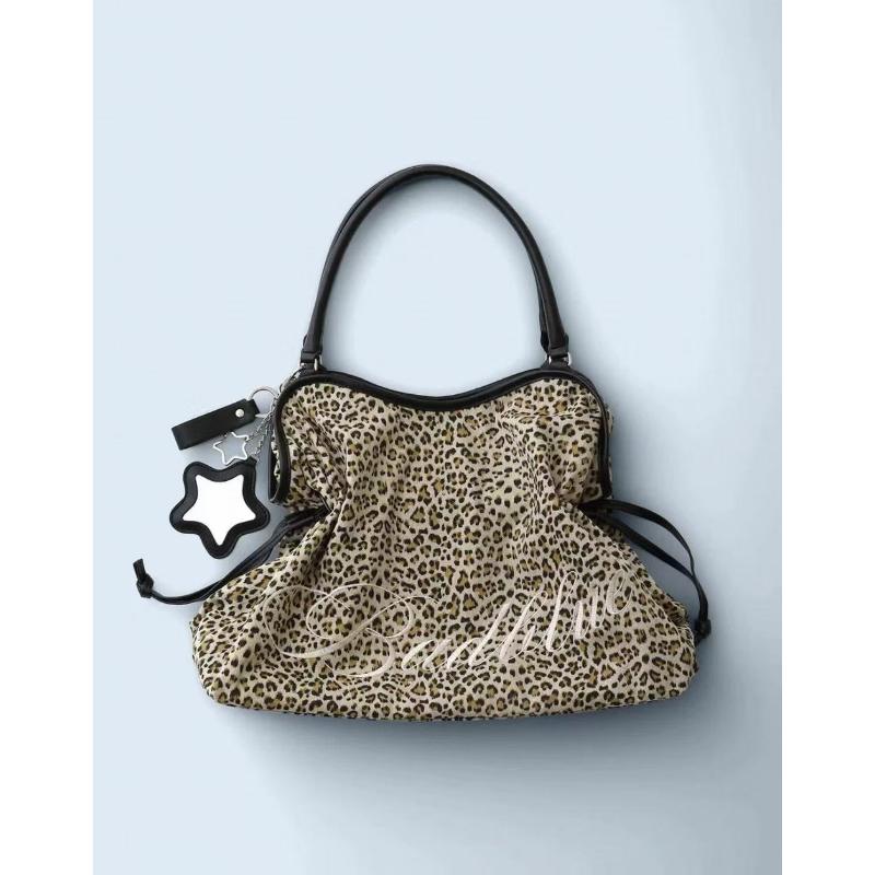 Embroidered Leopard Print Tote Bag, Star Mirror Pendant, Sweet Shoulder Bag