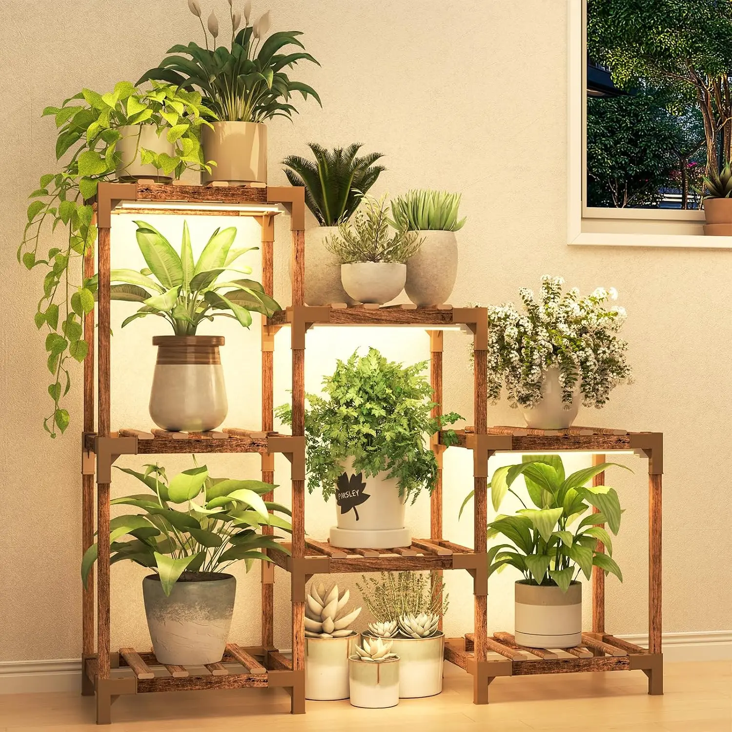 7-Tier Ladder Plant Stand with Adjustable LEDs - Grow Support for Multiple Pots, Bohemian Look Corner Holder for Living Room Patio (Plant Stands Indoor, Indoor Use)