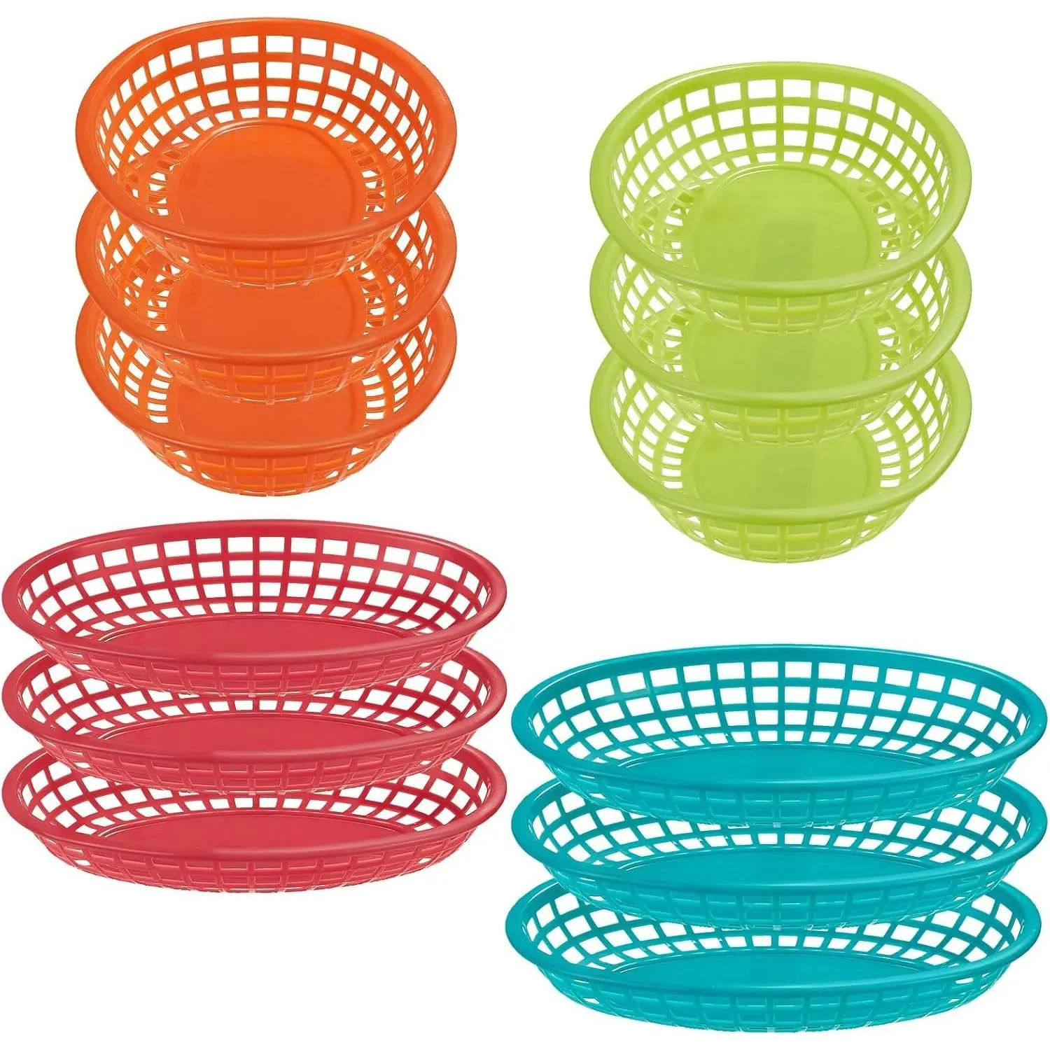 12 Pcs Reusable Plastic Bread Baskets, Unbreakable Oval Multicolor BPA-Free Fast Food Serving Baskets for Home Restaurant, Ideal for Hamburgers, Sandwiches, Chicken, Fries