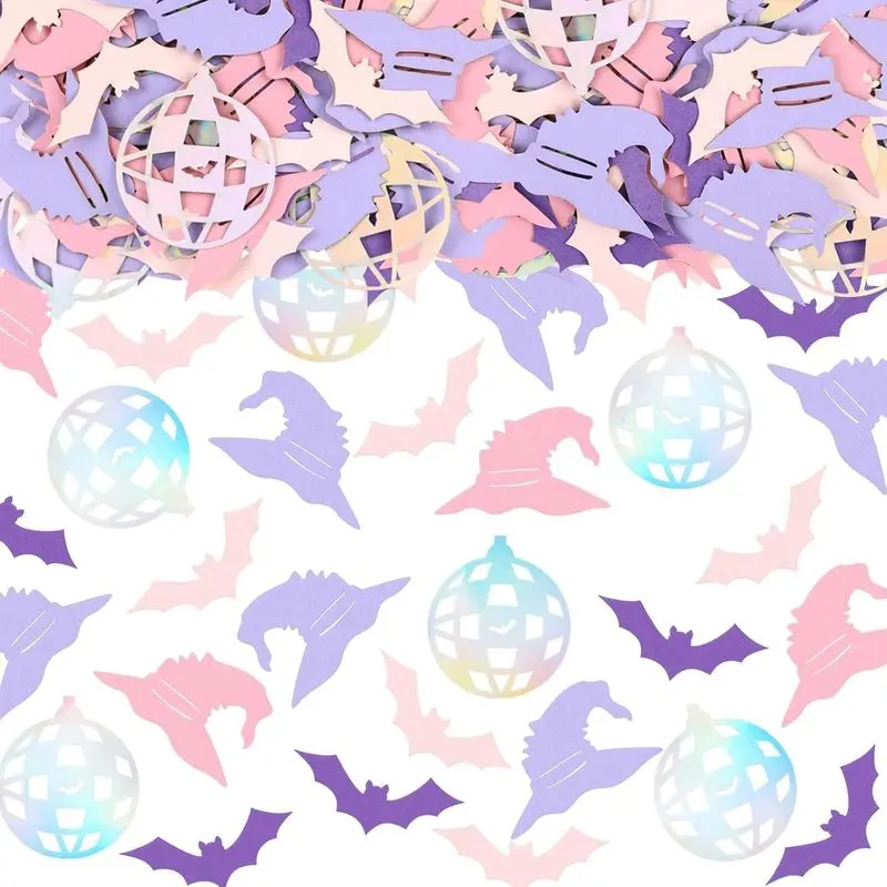 Trick-or-treat candy, pumpkin spiders, ghostly bats, flying bats, moon witches' hats, scattering of confetti