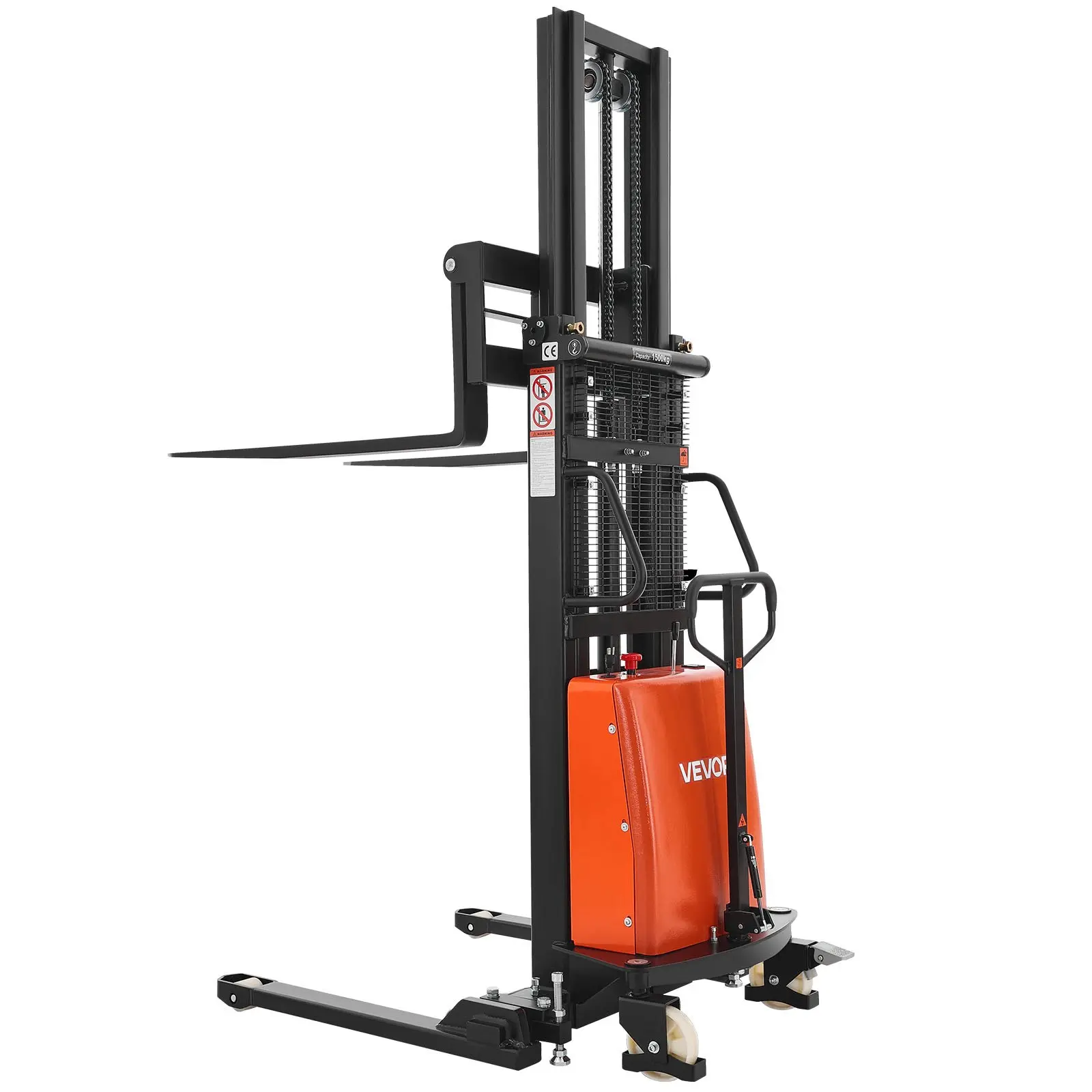 VEVOR Semi-Electric Pallet Stacker with PC + Steel Build, 3300lb Load Capacity, Straddle Legs, Adjustable Forks (8.3-33.86in Width), 96.06in Cargo Lifting Height, Orange Black