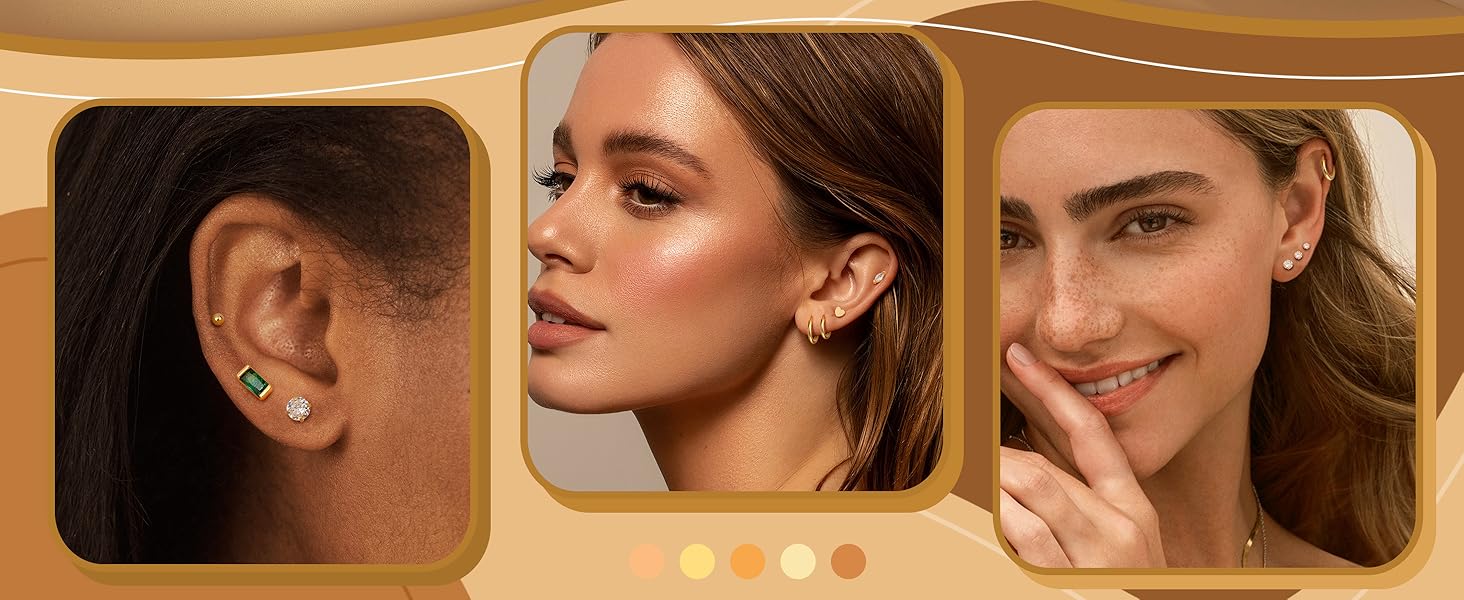 Trendy 14K Gold Plated Flat Back Stud Earrings for Women | Hypoallergenic Surgical Stainless Steel Earrings | Screw Back Earrings Sets for Multiple Piercing | Small Cartilage Earring Studs