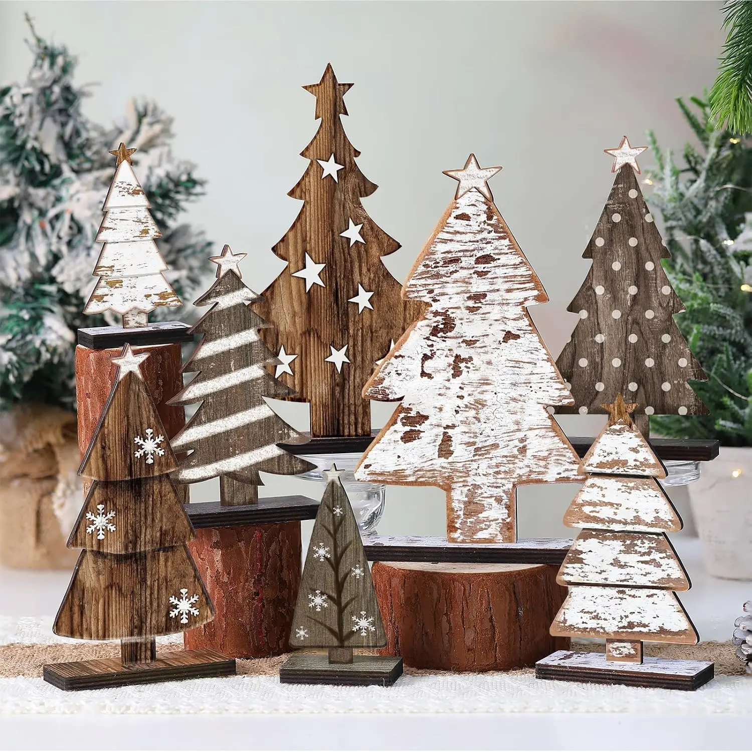 8 count Wooden Christmas Trees  Christmas Decor | Rustic Christmas Centerpieces with  Base, Wooden Trees Sign for  Office Fireplace Mantel Desk, Xmas Party Decor