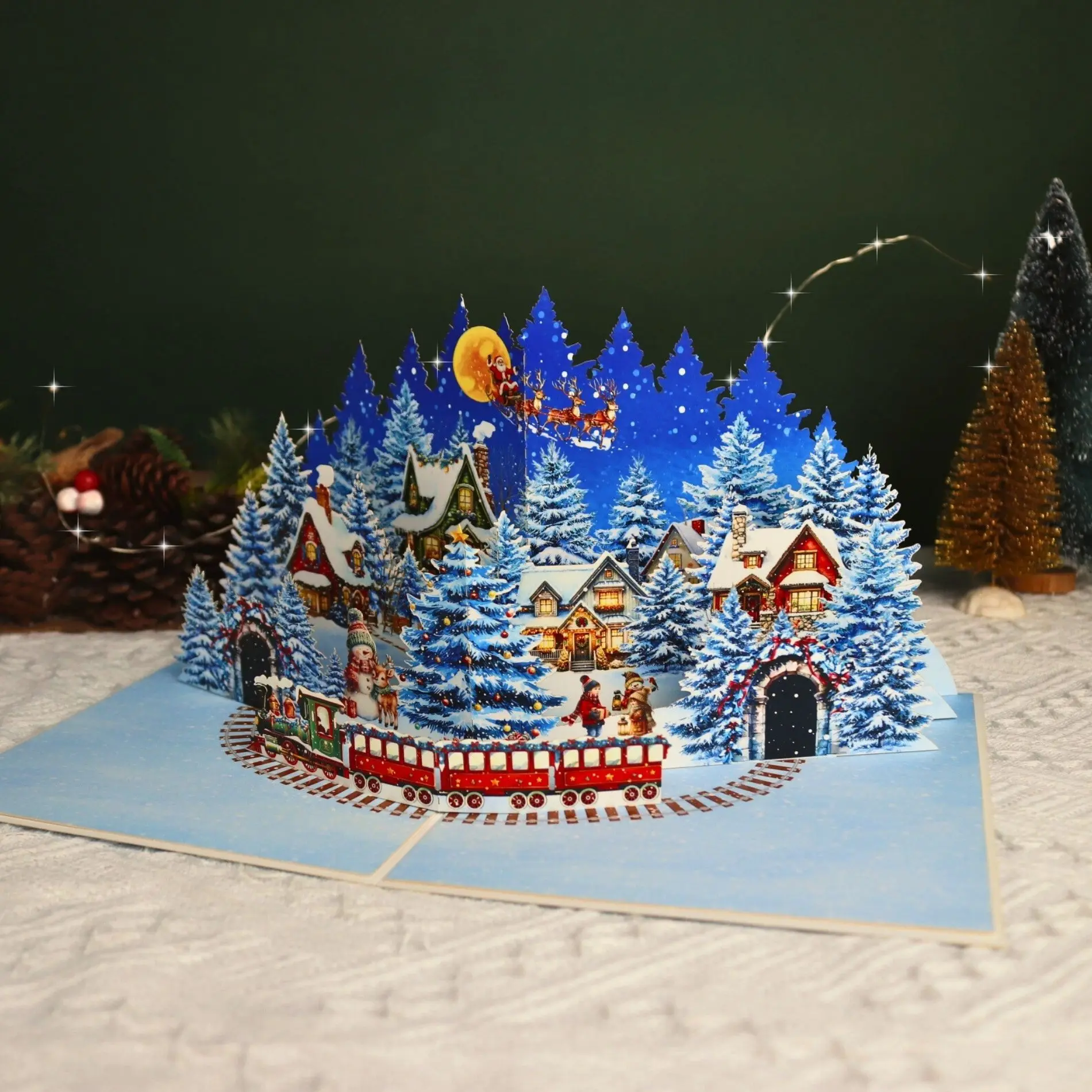 Christmas Forest Town 3D Card, Vintage Train Santa Sleigh, Christmas Holiday Gift, Cross-Border Bestseller, Festive Greeting Card
