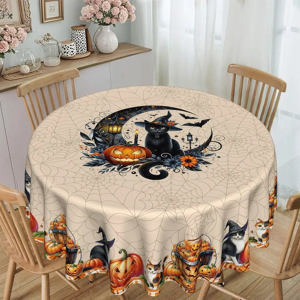 Halloween Cat Pumpkin Print Round Tablecloth, Furniture Protector, Party Decor, Suitable for Hotel, Restaurant, Home