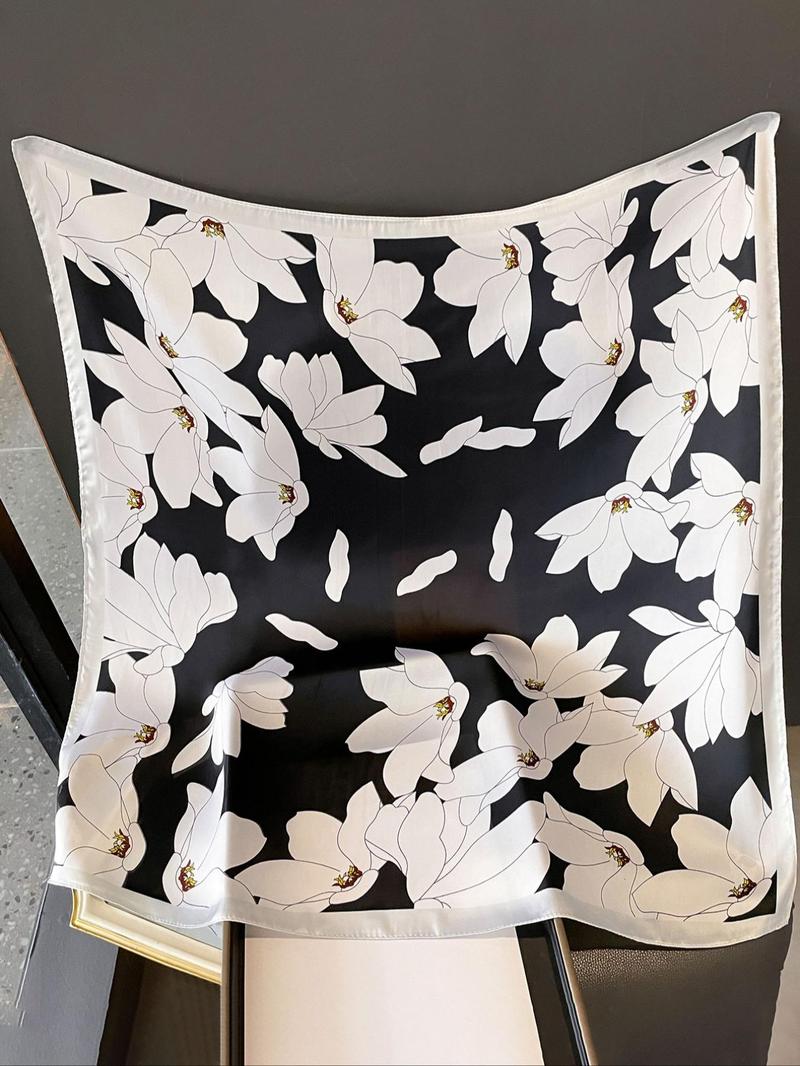 Fashionable Flower Pattern Square Scarf, Casual Soft Comfortable Shawl for Daily Wear, Fashion Accessories for Women & Girls