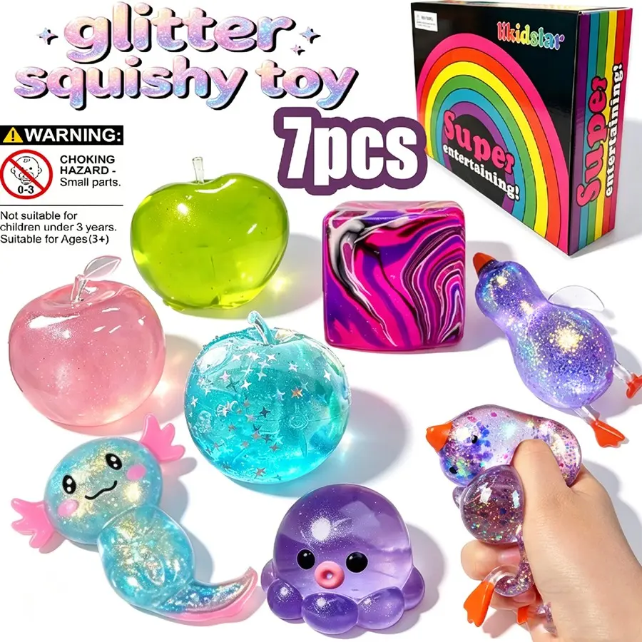 7pcs/set Wet Soft Pressure Balls Set, Cute Glitter Squeeze Toy Kit, Squishies Set, Stress Relief Gel Toys for Anxiety, Classroom Rewards, Squishy Squeeze Fidget
