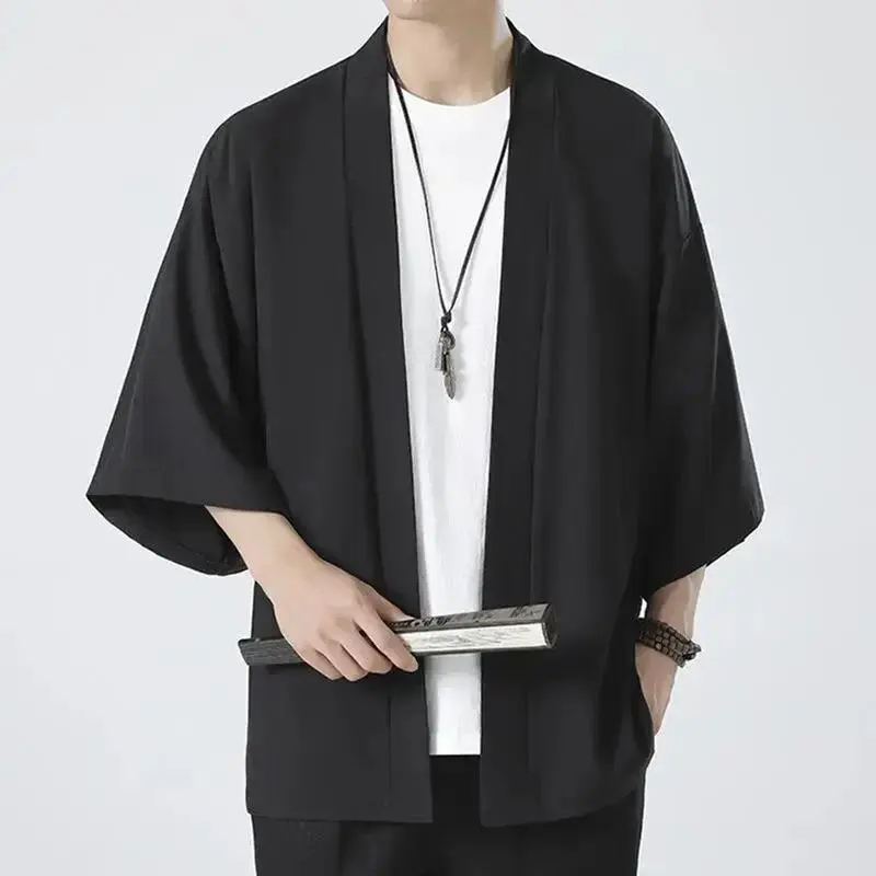 Menswear Black Samurai Jacket - Japanese Style Cosplay Baggy Set, Traditional Haori Shirt with Sleeves, Harajuku Fashion Cardigan Yukata for Men, Asian, Plain, Loose, Casual, Cultural, Outdoor