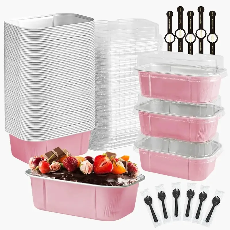50-Pack 5.5 oz Rectangular Disposable Foil Mini Loaf Pans with Spoons, Charcoal Baked Cup-Style Individual Cake Tins for Home Baking (Transparent Feature Included), Cake Baking