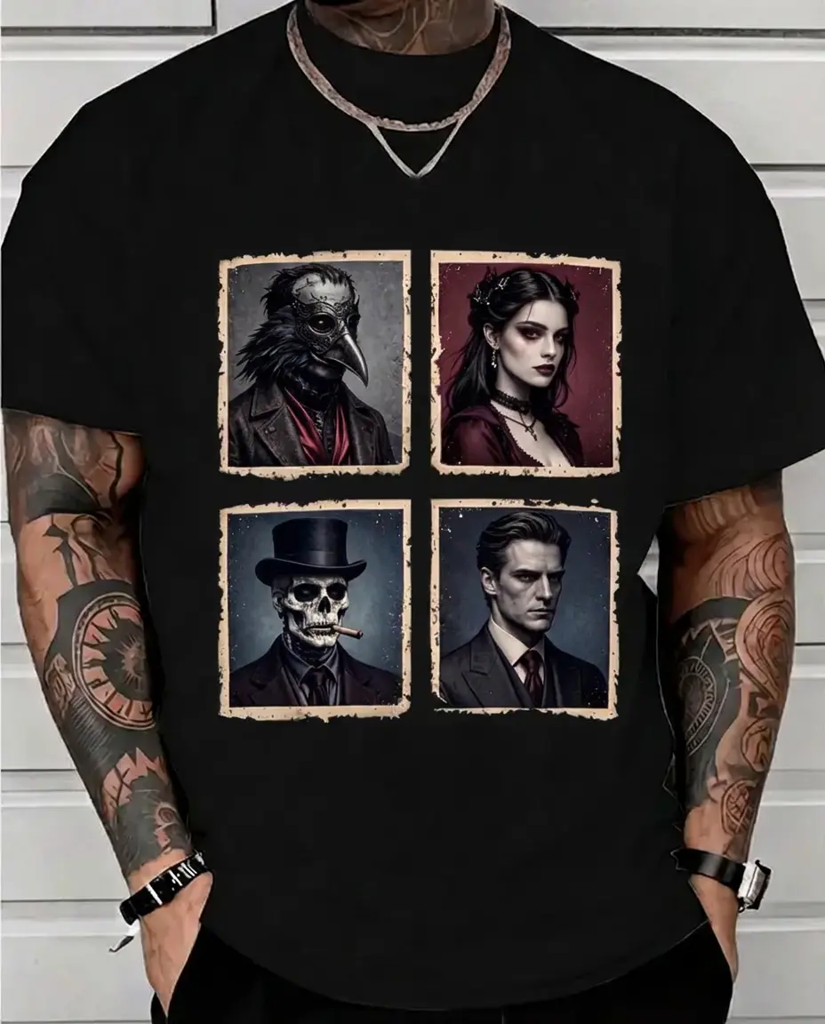 Gothic Plague Doctor Skull Graphic Shirt Vintage Halloween Dark Aesthetic Short Sleeve Crew Neck Top Cotton Tee Oversized Y2K Streetwear Apparel Menswear Unisex