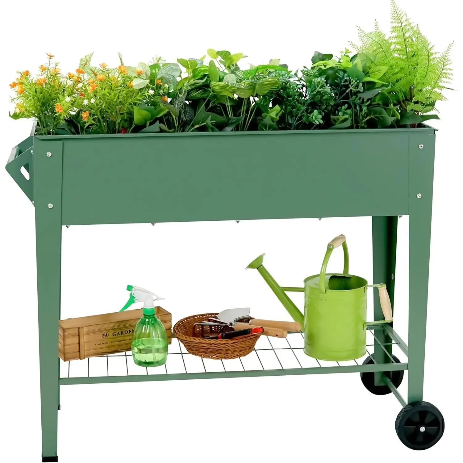 Raised Garden Bed with Legs and Wheels, Metal Outdoor, Green | Steel Frame, 400lb Capacity, 32in Tall No Bending, 2 Large Wheels, Bottom Shelf, Drainage Holes, Herb Vegetable Planter Box
